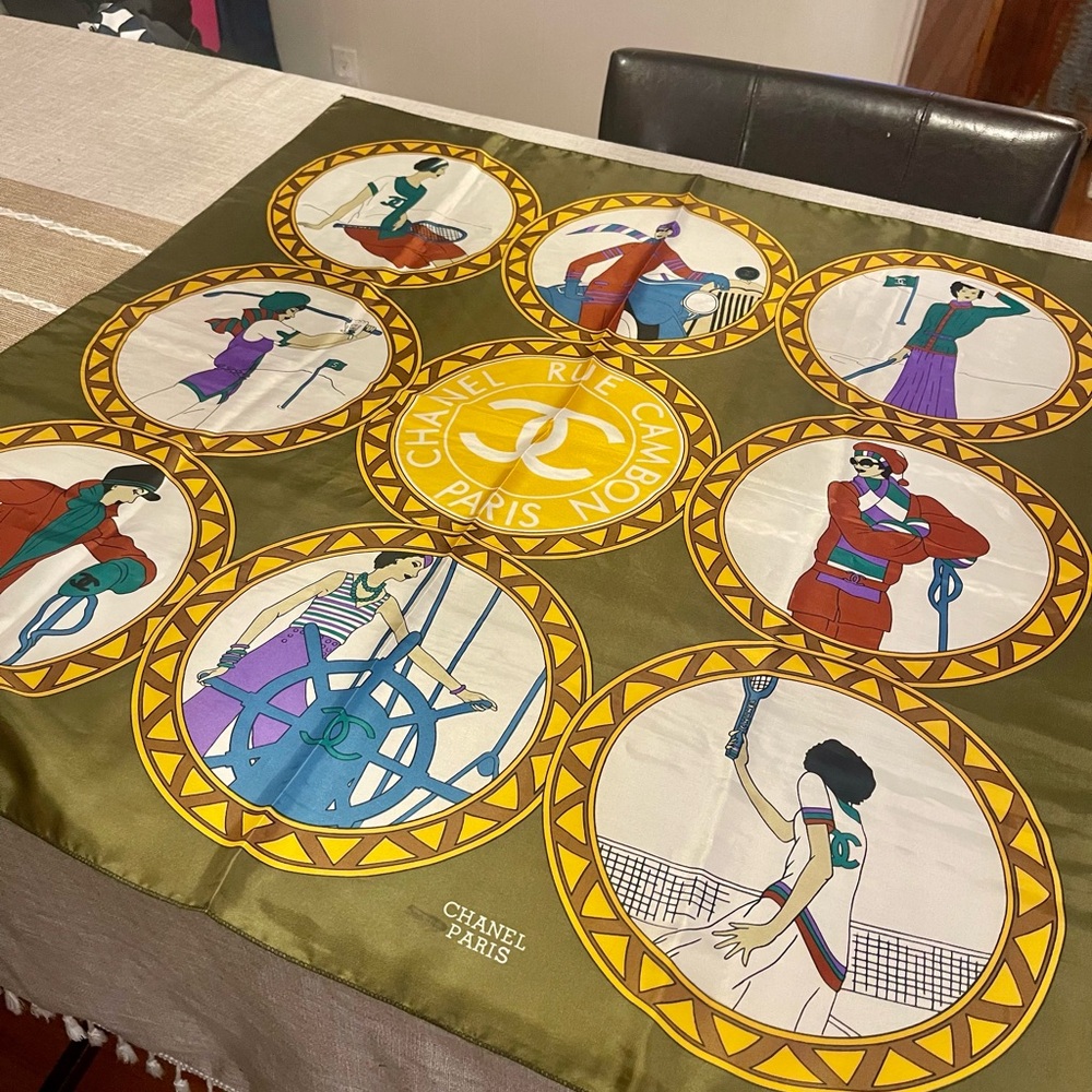 CHANEL Yellow and Olive Graphic Silk Scarf